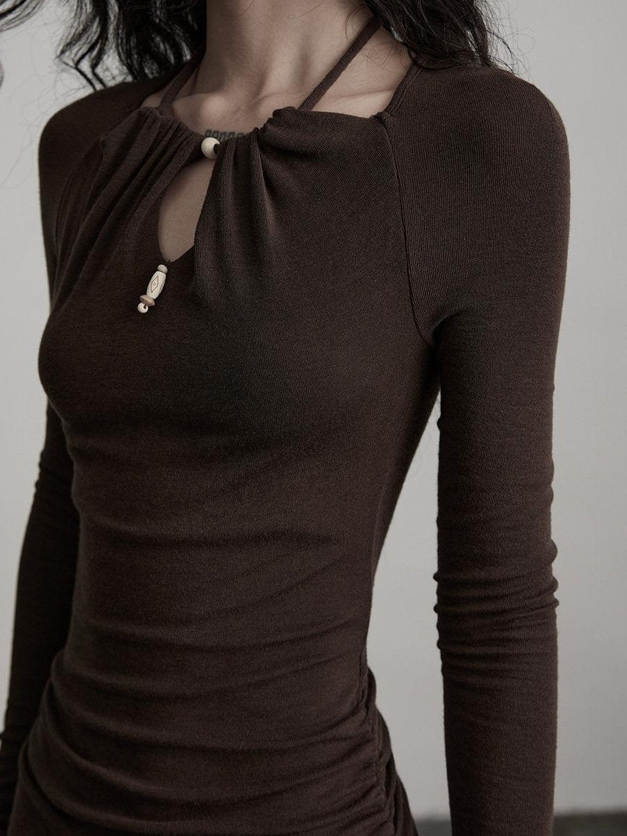 INDULGE Soft Modal Wool Cutout Slim Fit Long Sleeve Casual Brown Bodycon Maxi Dresses