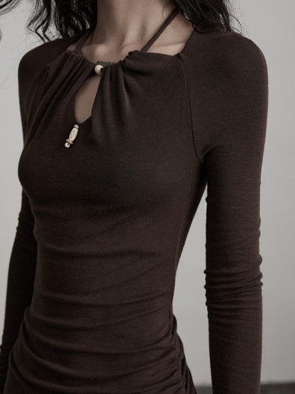 INDULGE Soft Modal Wool Cutout Slim Fit Long Sleeve Casual Brown Bodycon Maxi Dresses