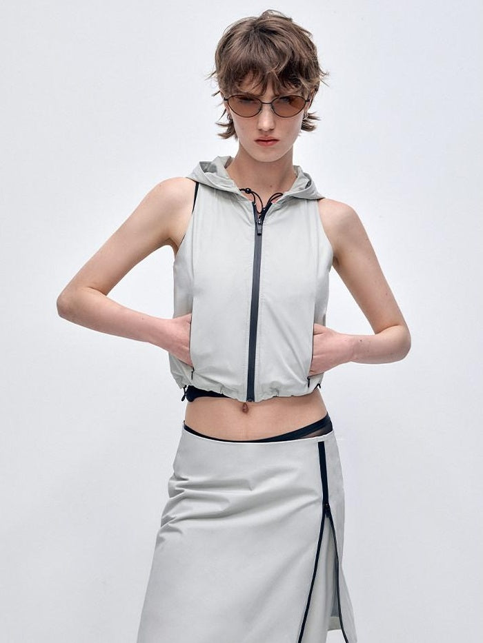 RUN TO THE FUTURE Stretch Zip Cropped Slim Workwear Women Nylon Stretch Top &amp; Pants Sets
