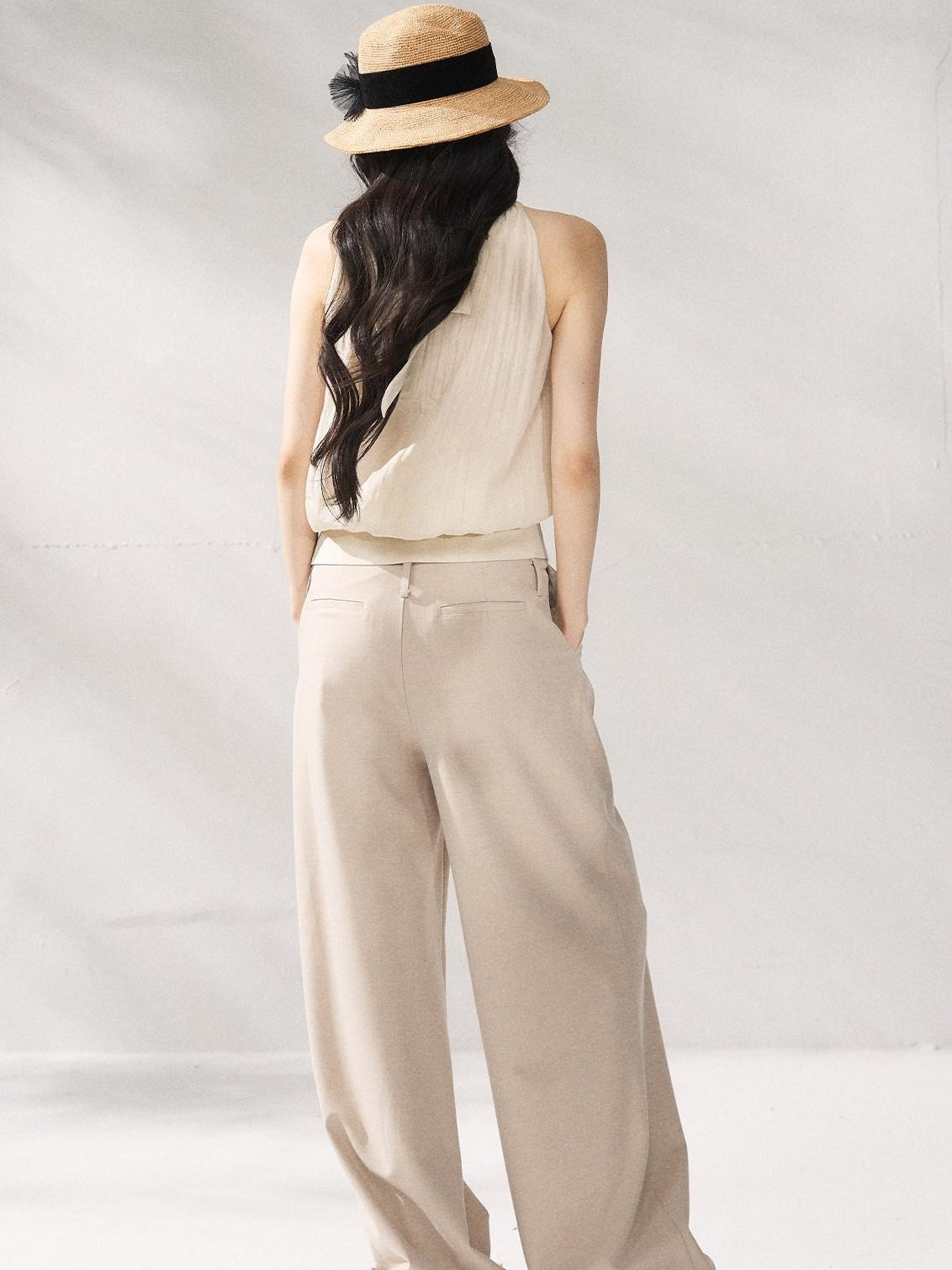 7Shiftin Soft Lyocell Loose Halter High Neck Short Beige Womens Off Shoulder Crop Tops