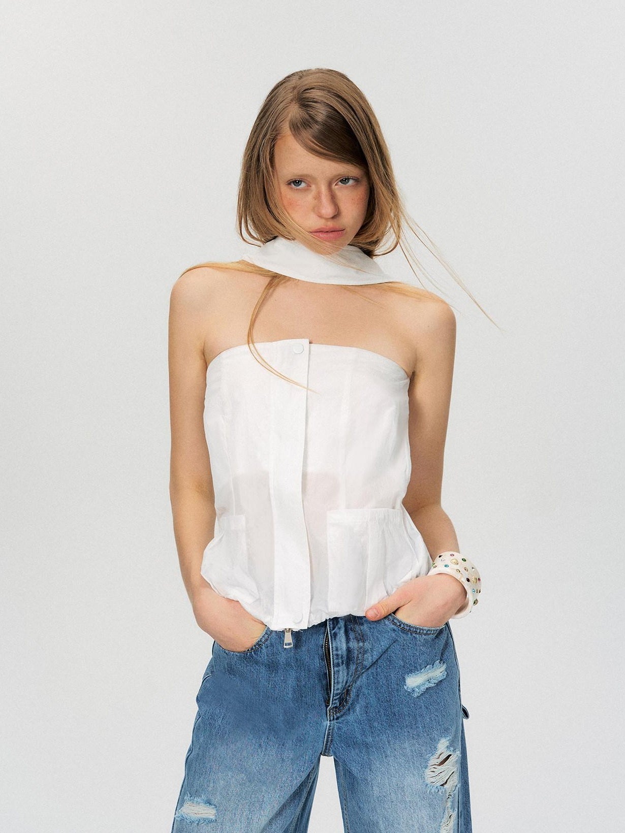 The NeverMore Zipper Front Slim Short Solid White Office Chic Strapless Tube Tops
