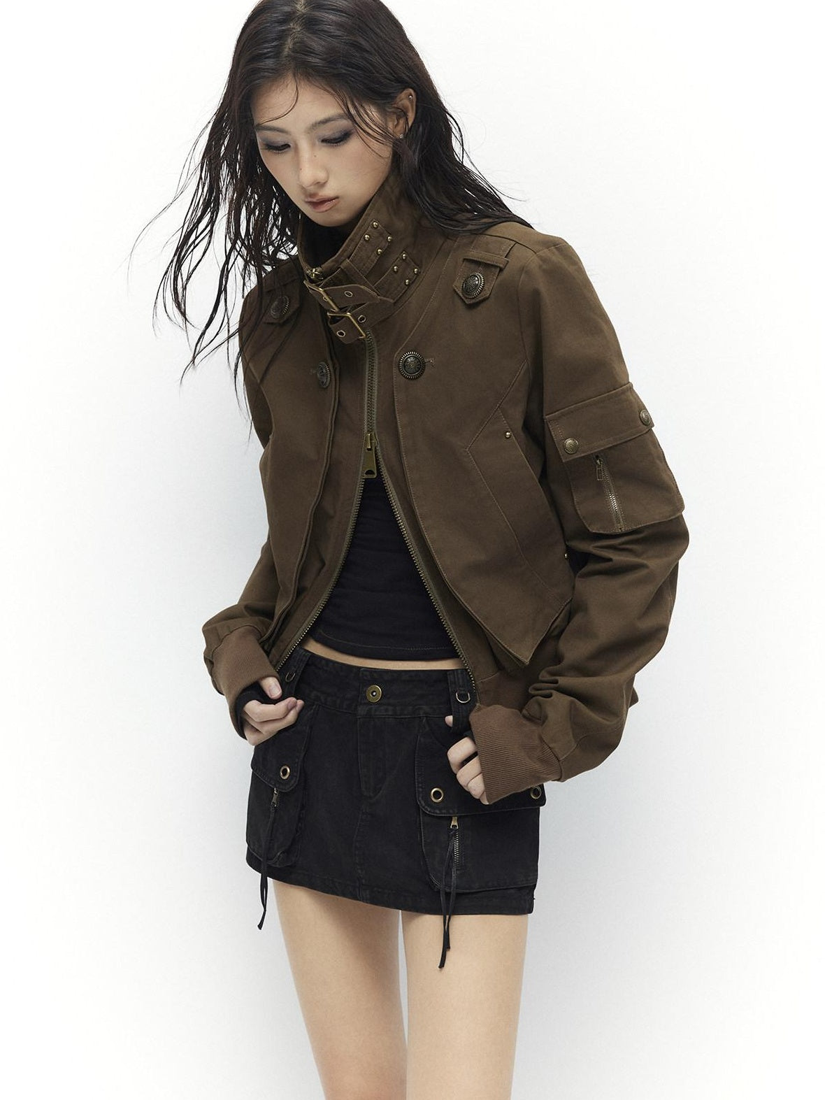 Low pixel Windproof Vintage Slim Metal Detail Women Cotton Lyocell Button Cropped Jackets