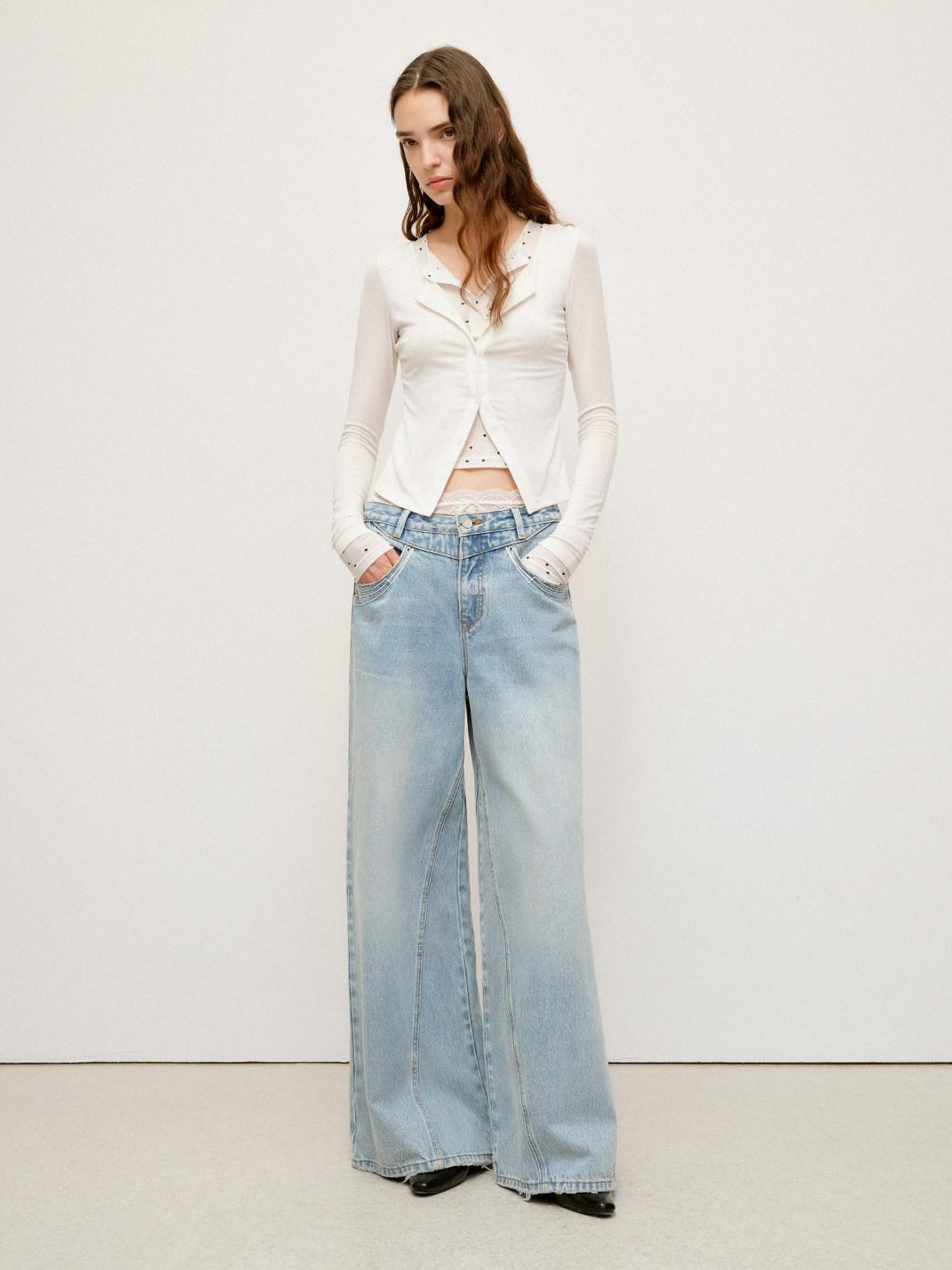 RUN TO THE FUTURE Light Blue Casual Loose Natural Waist Button Fly No Stretch Women Wide-Leg Jeans