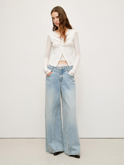 RUN TO THE FUTURE Light Blue Casual Loose Natural Waist Button Fly No Stretch Women Wide-Leg Jeans