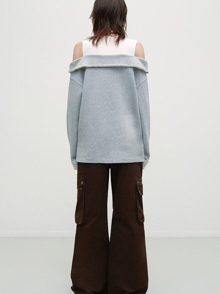 RUN TO THE FUTURE Gray White Patchwork Layered Loose Crewneck Commuter Women Pullover Sweatshirts