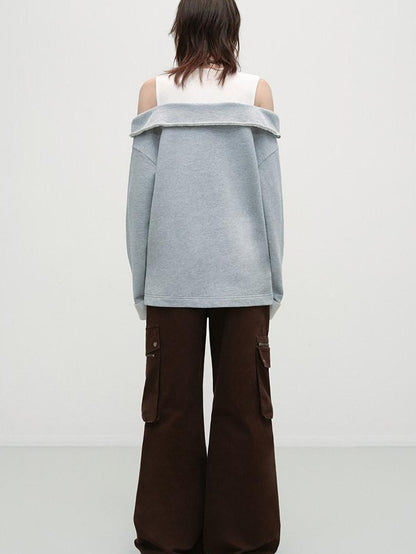 RUN TO THE FUTURE Gray White Patchwork Layered Loose Crewneck Commuter Women Pullover Sweatshirts