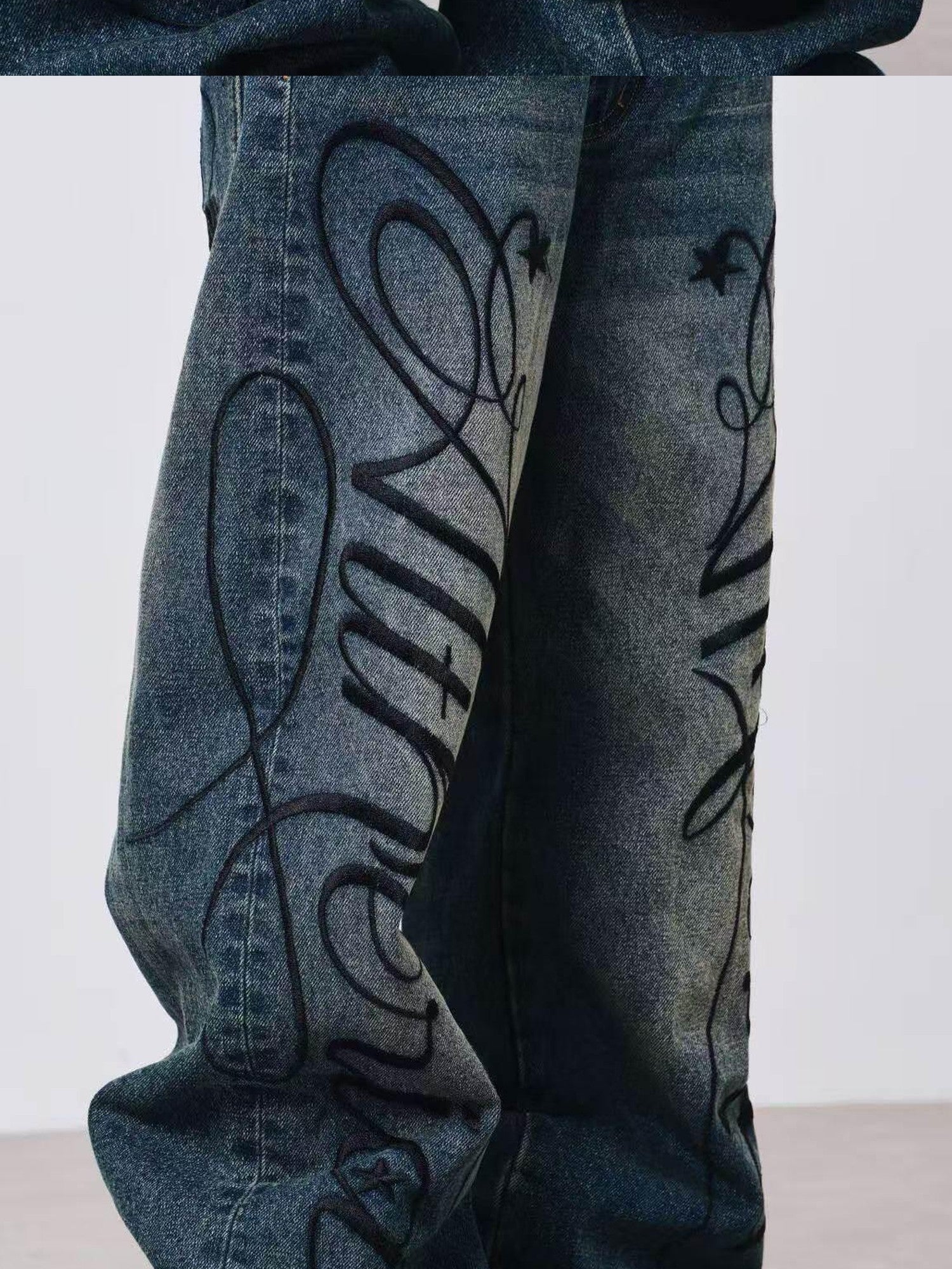 DETW onLine Washed Blue Embroidered Letter Print Baggy Women&
