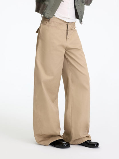 RUN TO THE FUTURE Leopard Patchwork Casual Loose Straight Leg Mid Rise Zip Fly Cotton Khaki Chinos