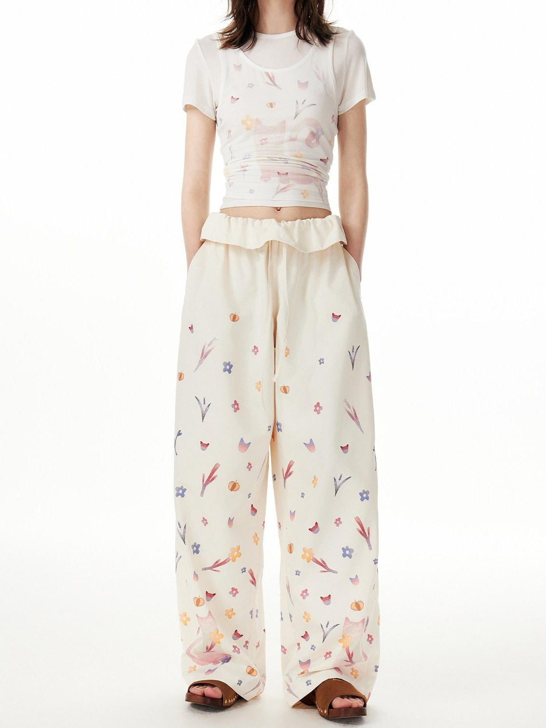 OuttheBlue Cute Cat Floral Print Sweet Natural Waist Long Polyester Women Straight Pants
