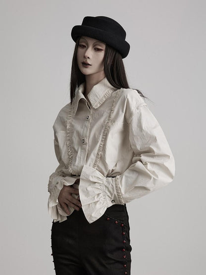 INDULGE Elegant Pleated Loose Fit Stand Collar Long Sleeve Cotton Blend Daily Blouses
