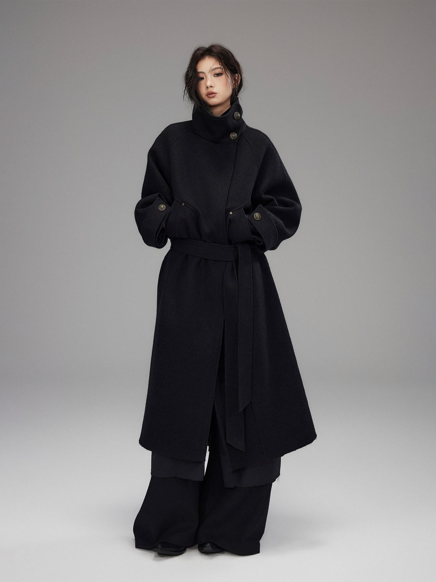 Low pixel Thick Wool Blend Oversized Streetwear European Long Zip Lapel Black Wool Coats