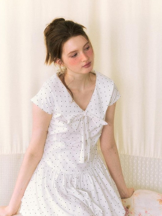 NAPSNAPS Polka Dot Sailor Collar Tie V-neck High Waist Tencel Women&