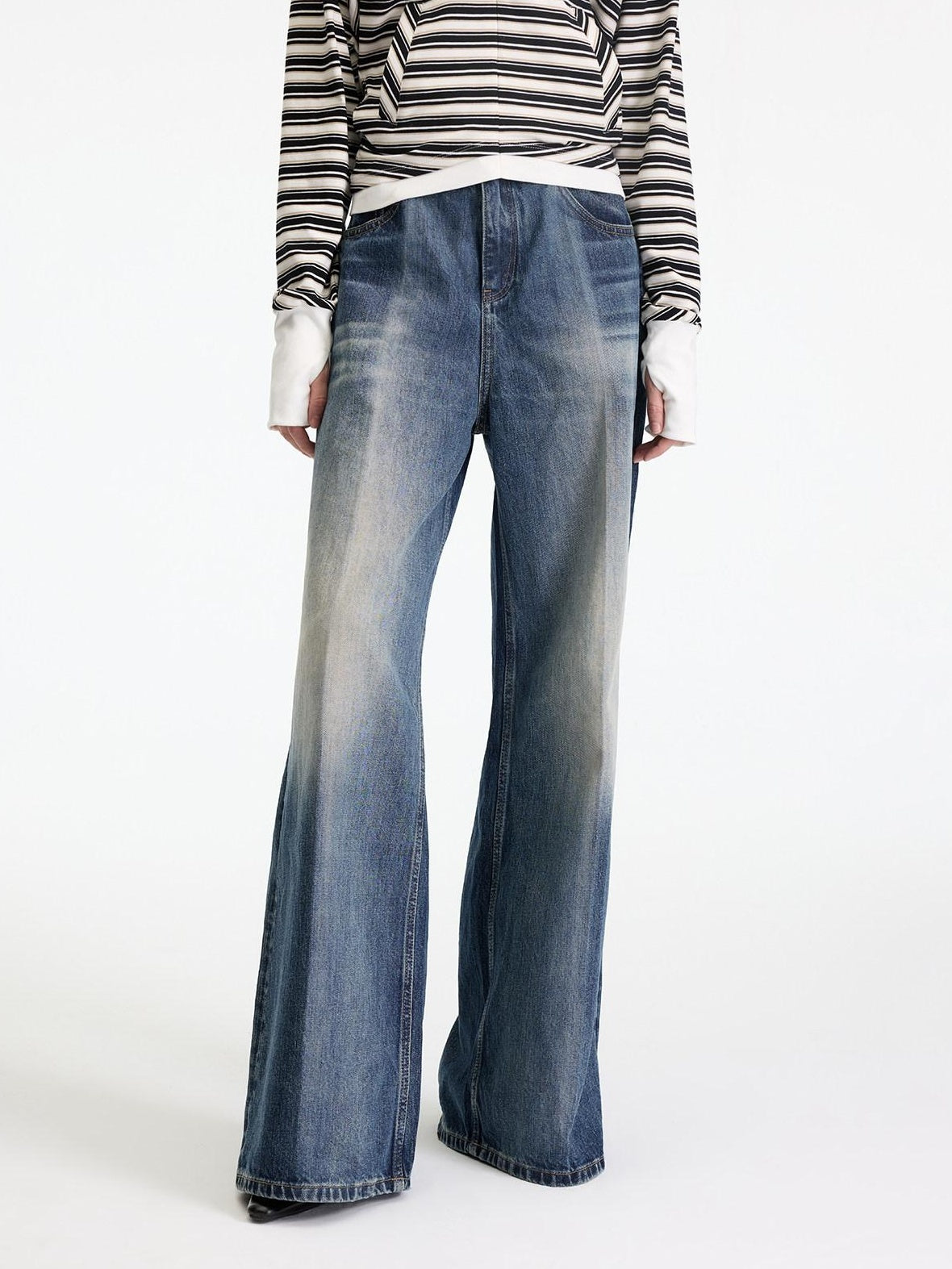 RUN TO THE FUTURE Washed Ice Blue Casual Natural Waist Womens Non Stretch Denim Straight Jeans