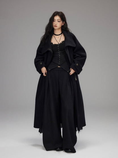 Low pixel Black Wool Blend Low Rise Zipper Casual Straight Hem Women Wide Leg Pants