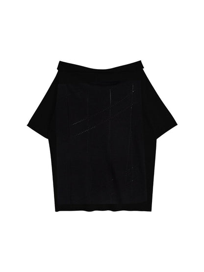 RUN TO THE FUTURE Viscose Knit Loose Cutout Slanted Neck Black Cross Print Short Sleeve T-Shirts