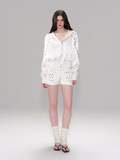 The NeverMore Cozy Cropped Two Piece Set Long Sleeve High Waist Shorts Women Solid Hoodie