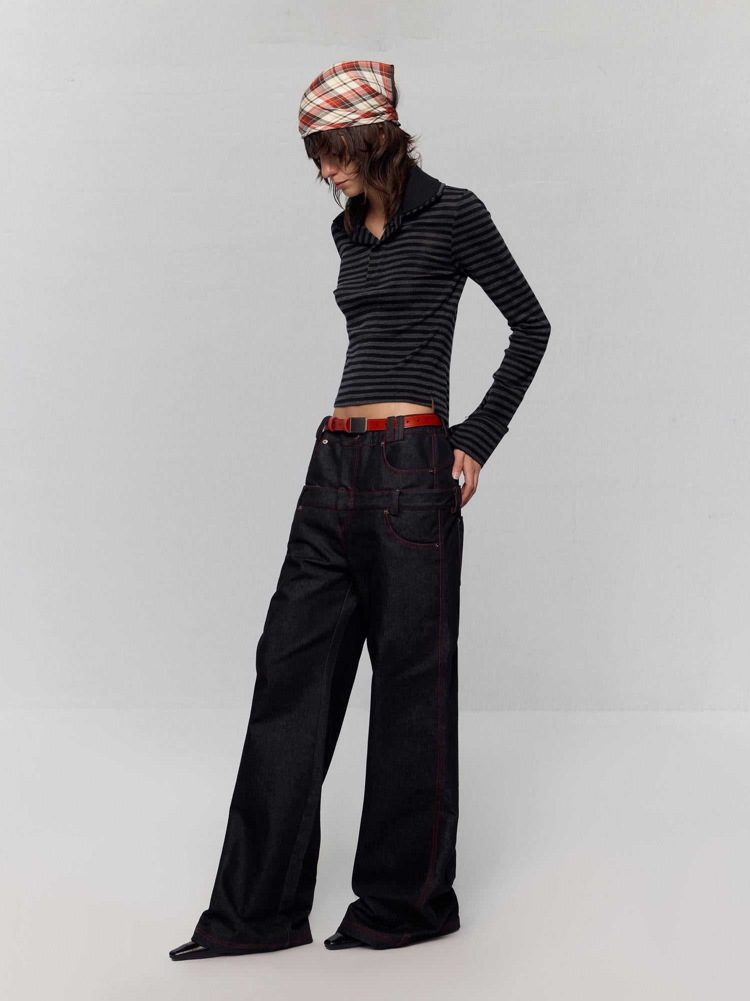 RUN TO THE FUTURE Low Rise Colorblock Loose Fit Zip Fly Black Denim Stretch Wide-Leg Jeans