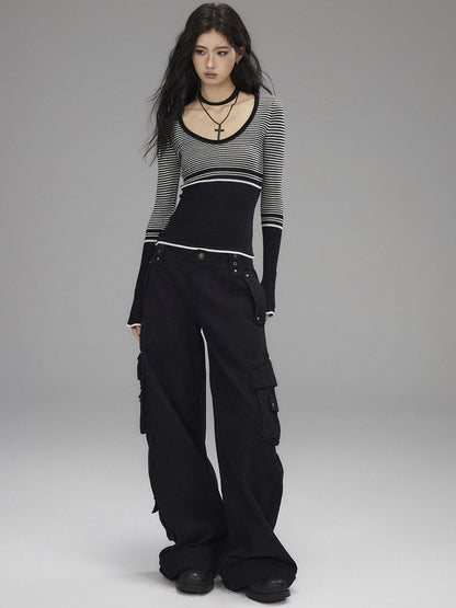 Low pixel Soft Acrylic Slim V-neck Striped Casual Women Everyday Long Sleeve T-Shirts