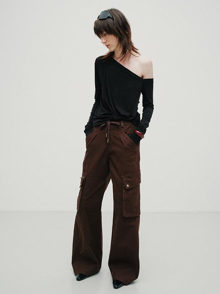 RUN TO THE FUTURE Moisture Wicking Lyocell Slim Asymmetric Neck Ruched Long Sleeve T-Shirts