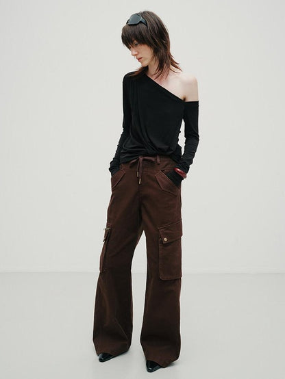RUN TO THE FUTURE Moisture Wicking Lyocell Slim Asymmetric Neck Ruched Long Sleeve T-Shirts