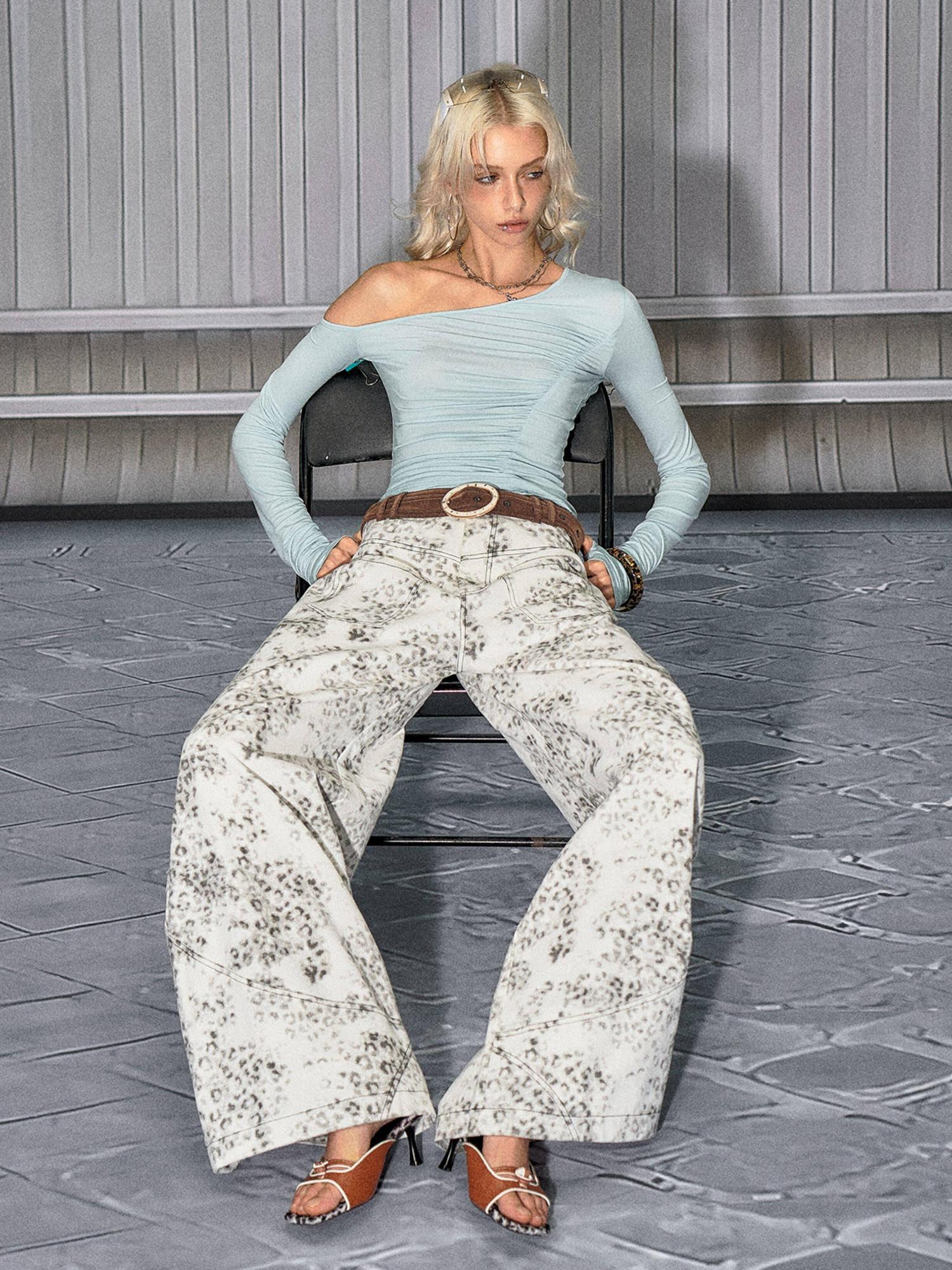 The NeverMore Leopard Cotton Zipper Natural Waist Loose Fit Sexy Women Wide Leg Jeans