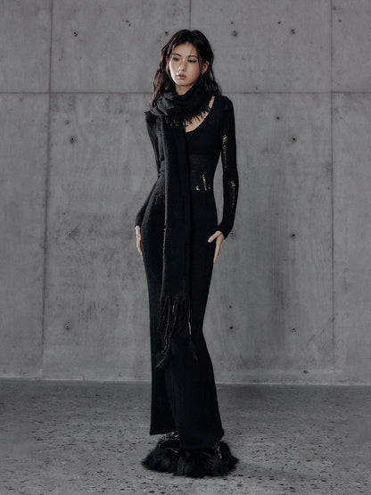 Low pixel Waist Defining Wool Knit Tassel Casual Long Sleeve Round Neck Black Maxi Dresses