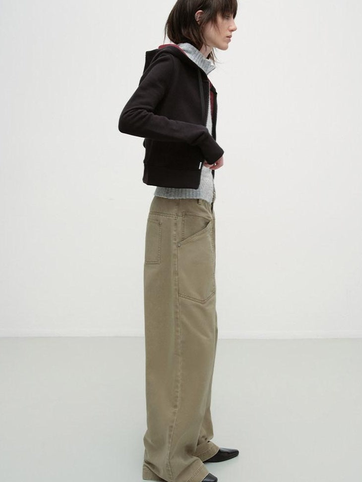 RUN TO THE FUTURE Washed Cotton Khaki Cargo Pockets Loose Mid Rise Zip Fly Casual Straight Pants