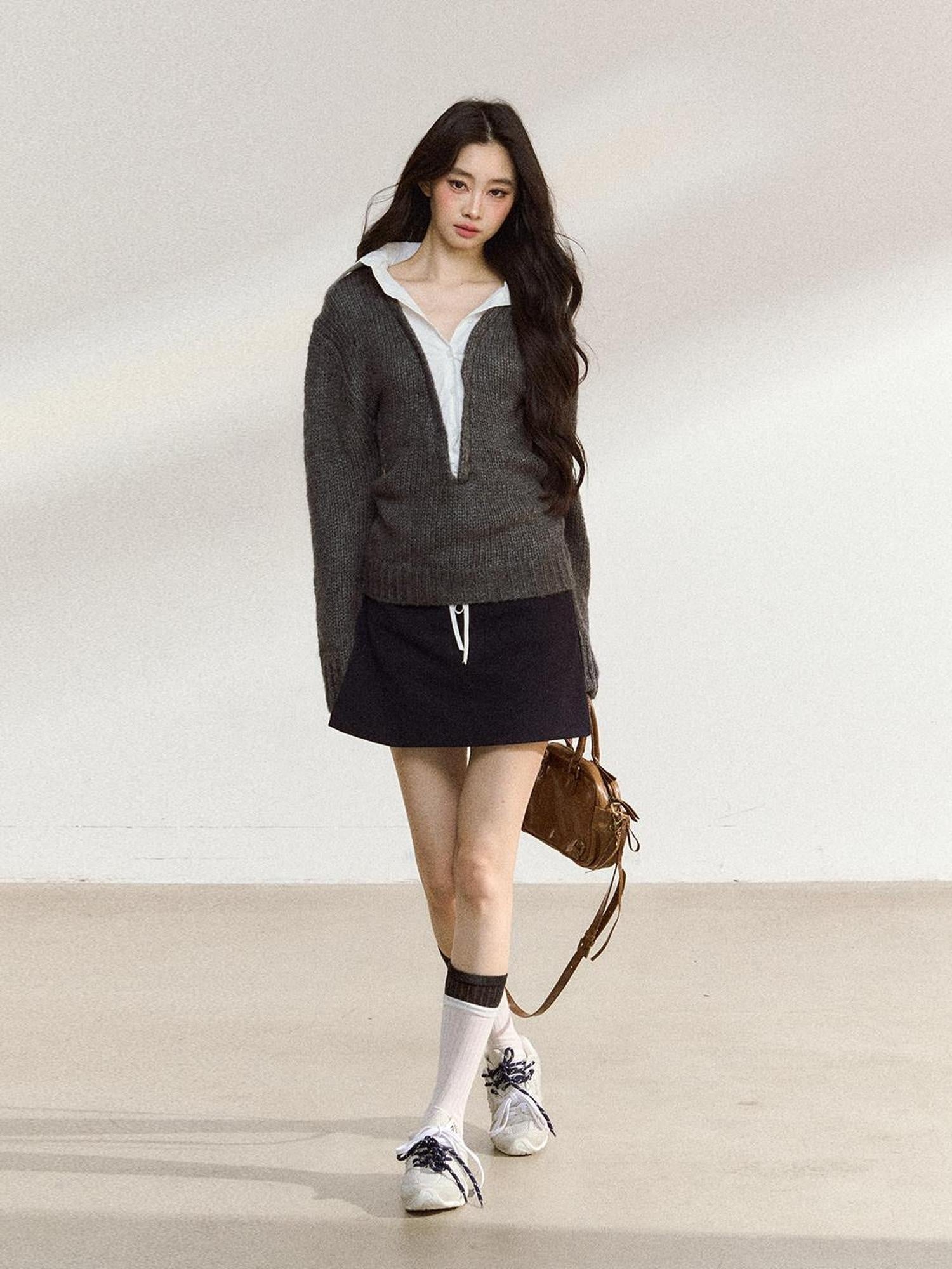 7Shiftin Cozy Acrylic Wool Blend Mock Layered American Pullover Women Deep Gray Sweaters