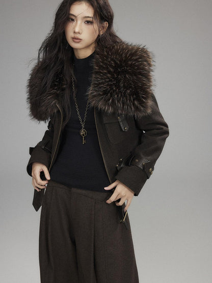 Low pixel Thick Wool Blend Slim Fit Sexy Lapel Zipper Brown Everyday Women Cropped Jackets