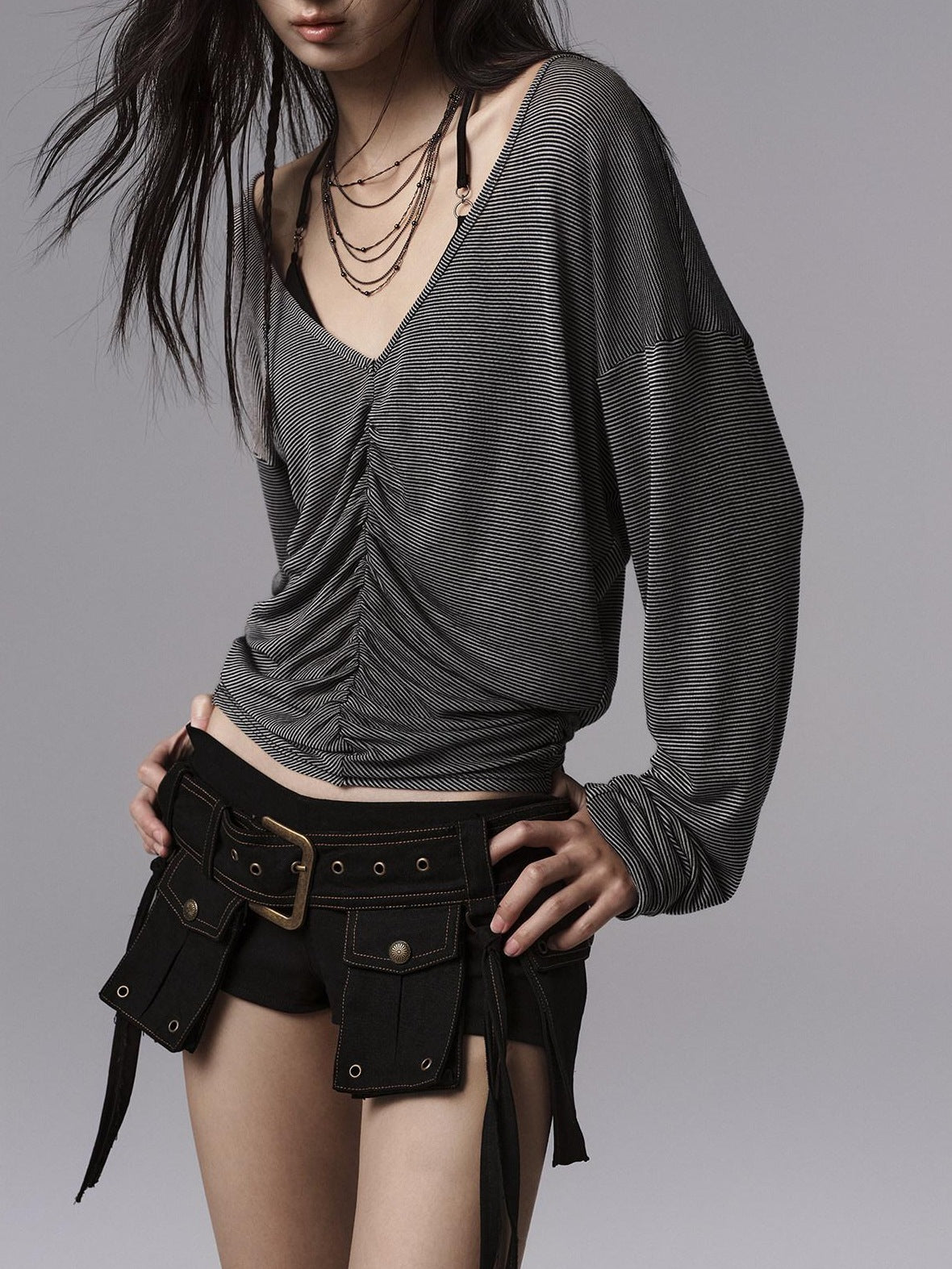 Low pixel Lyocell Blend Goth Fitted V-neck Striped Women Long Sleeve Crop Tops