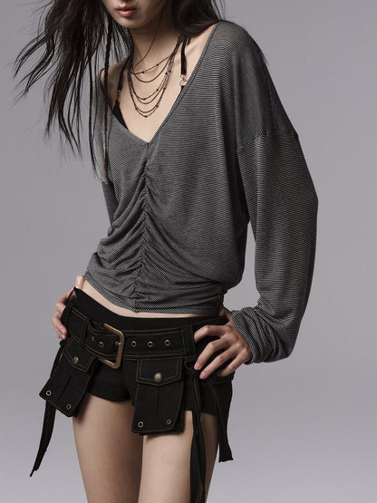 Low pixel Lyocell Blend Goth Fitted V-neck Striped Women Long Sleeve Crop Tops