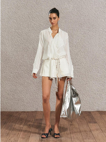 The NeverMore Breathable French Slim Button Stripe Open Cardigan Waist Tie Women Shirts