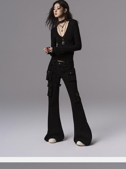 Low pixel Dark Gothic Flared Mid Rise Pocketed Cotton Zip Fly Women Black Cargo Pants