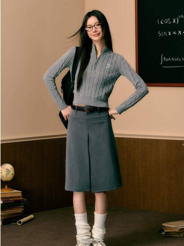 7Shiftin High Waist A Line Button Detail Workwear Grey Office Midi Skirts