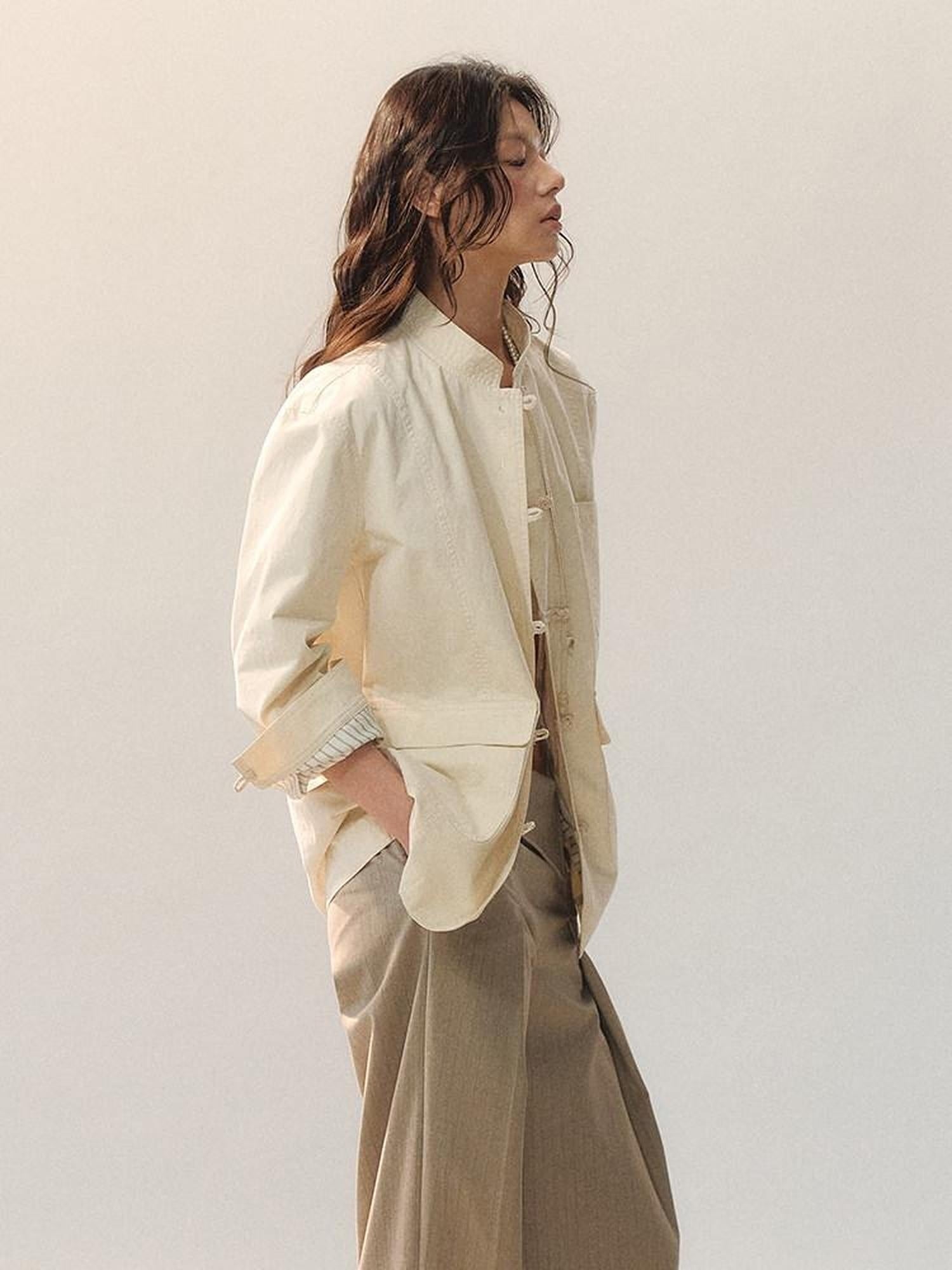 AnnoMundi 100 Percent Cotton Chinese Loose Fit Women Casual Beige Overshirts