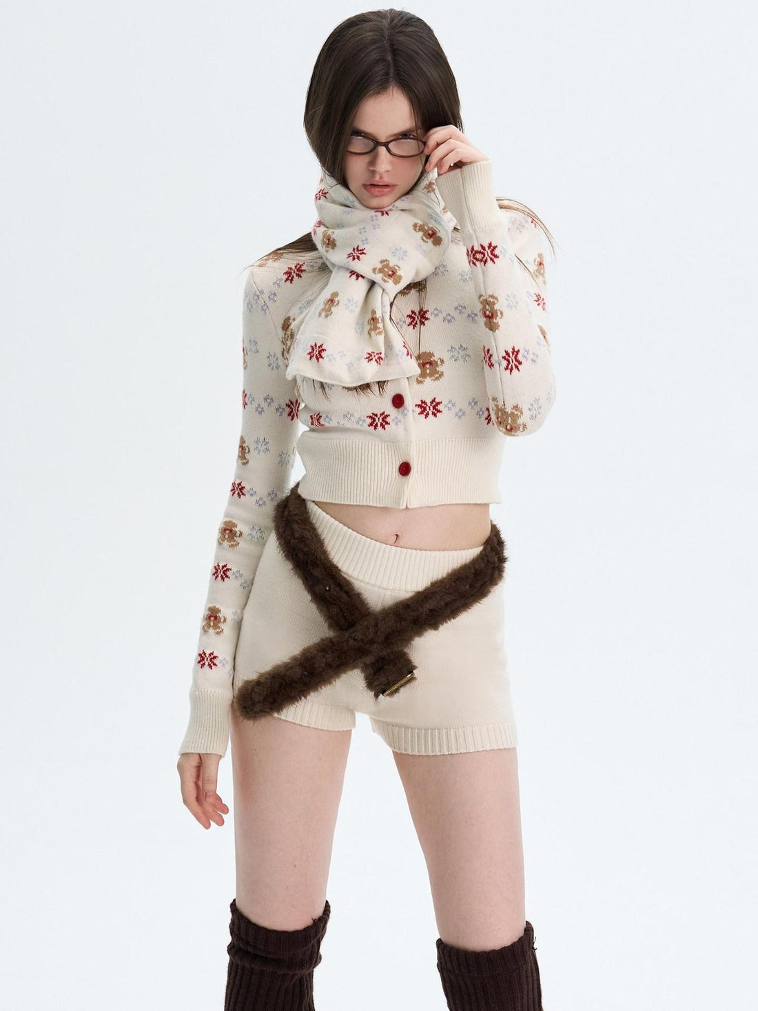 The NeverMore Cashmere Blend Bear Jacquard Cute Slim Cropped Crewneck Knitwear Cardigans