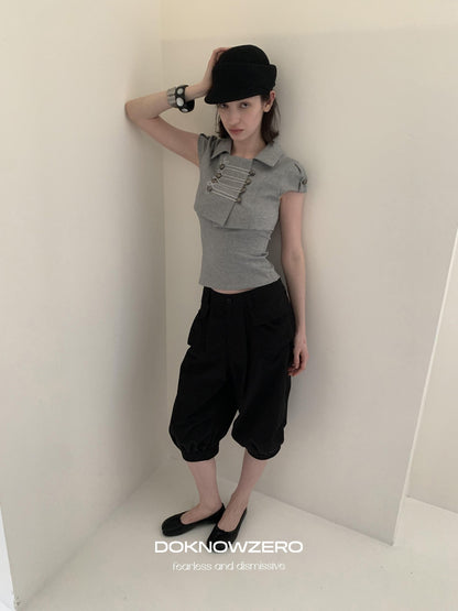 DKZ OFFICIAL Grey Double Breasted Cropped Collared Women&