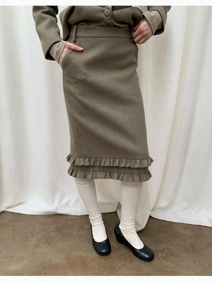 Dorydory Olive Green Ruffle Straight Mid Waist Women&