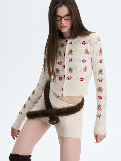The NeverMore Cashmere Blend Bear Jacquard Cute Slim Cropped Crewneck Knitwear Cardigans