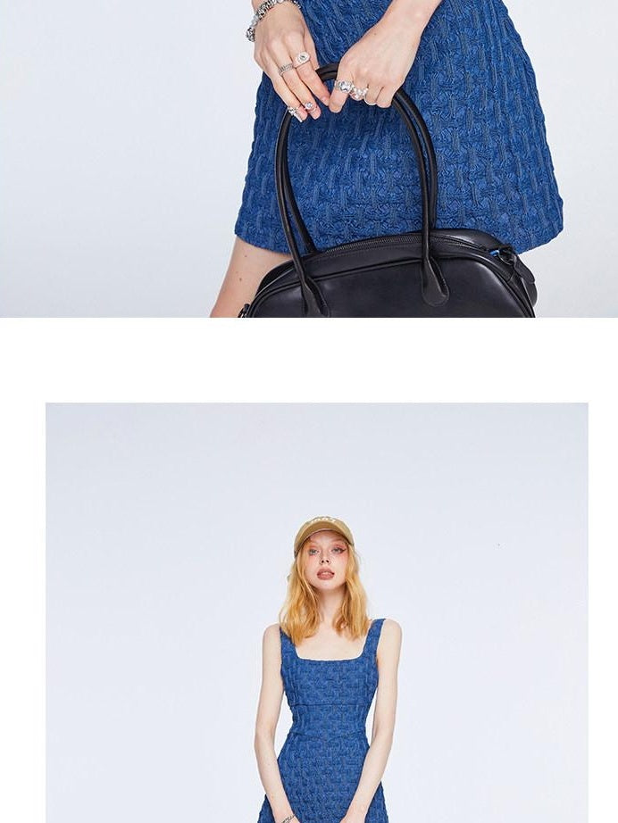 The NeverMore Embroidered High Waist Cotton A Line Square Neck Casual Women Blue Mini Dresses