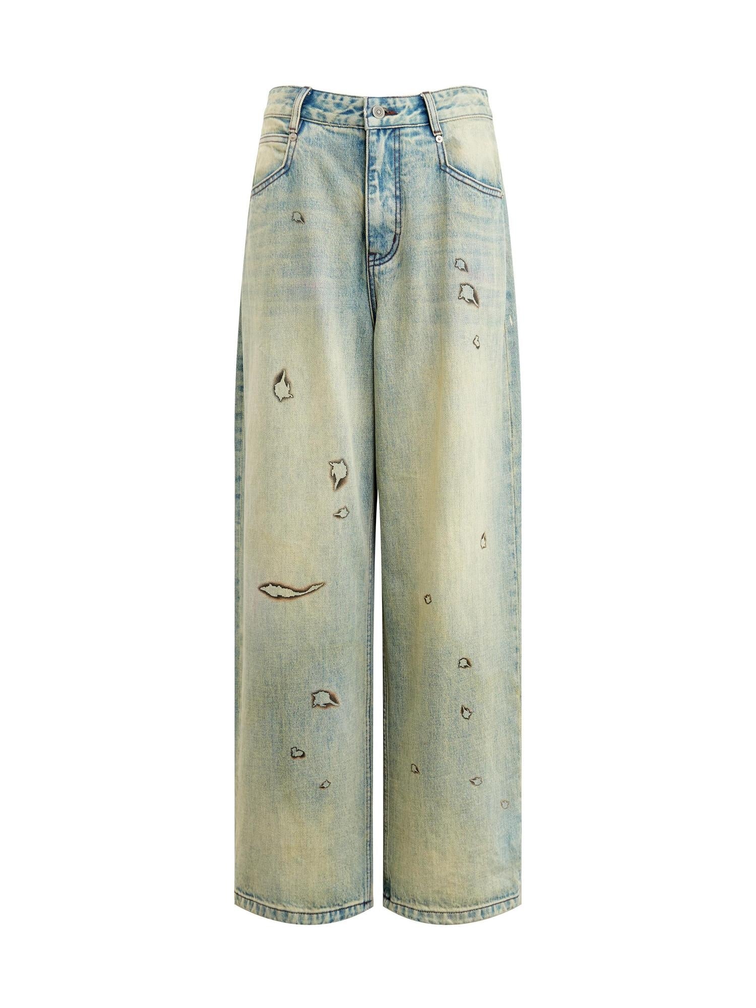 RUN TO THE FUTURE Durable Washed Low Rise Asymmetrical Vintage Unisex Printed Denim Wide-Leg Jeans