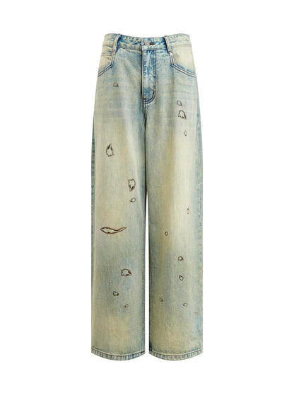 RUN TO THE FUTURE Durable Washed Low Rise Asymmetrical Vintage Unisex Printed Denim Wide-Leg Jeans