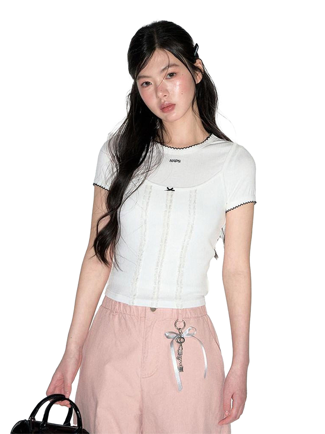 NAPSNAPS Layered Cropped Spliced Lace Trim Women&