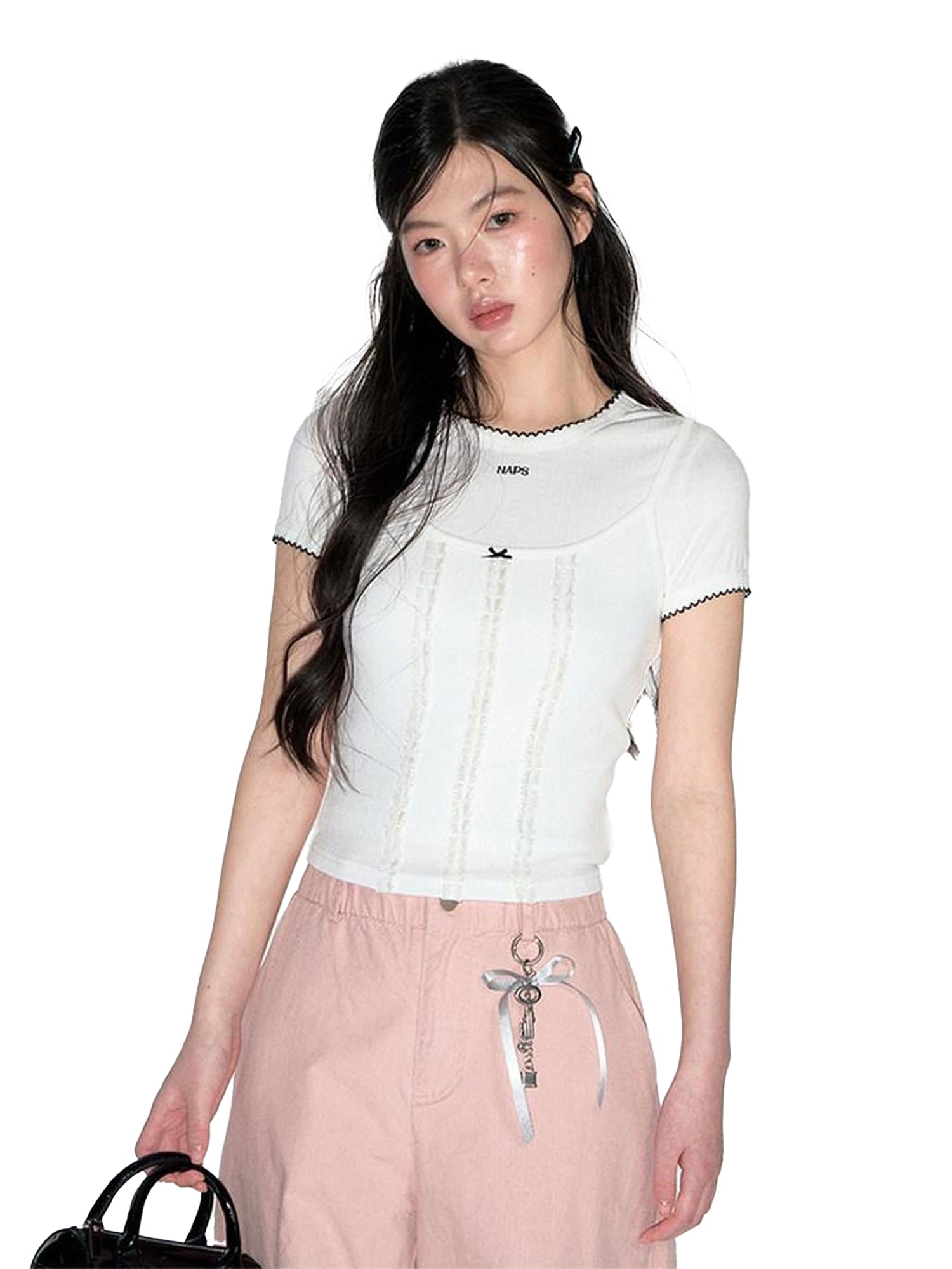 NAPSNAPS Layered Cropped Spliced Lace Trim Women&