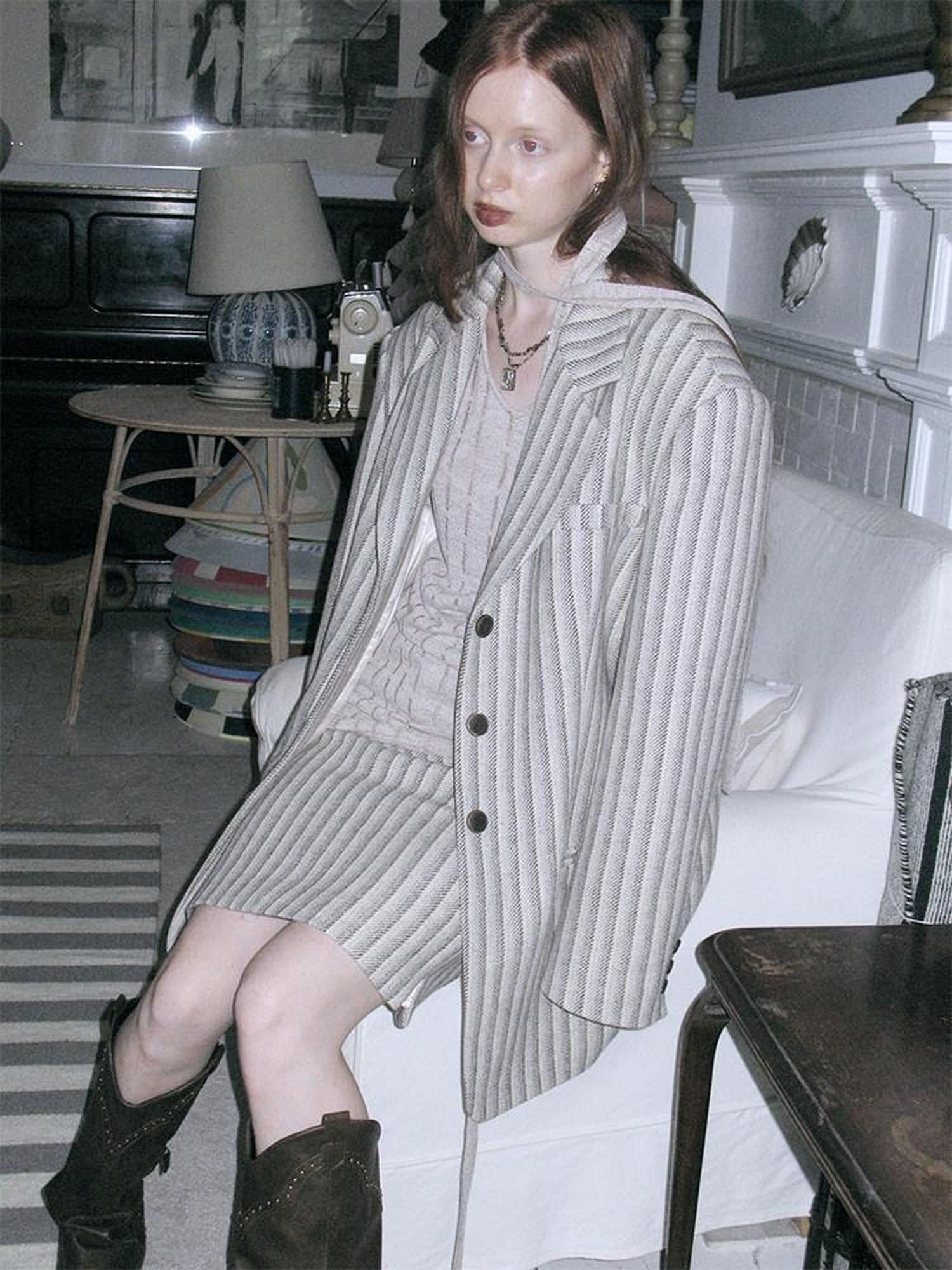 Dorydory Gray White Striped Double Breasted Structured Women&