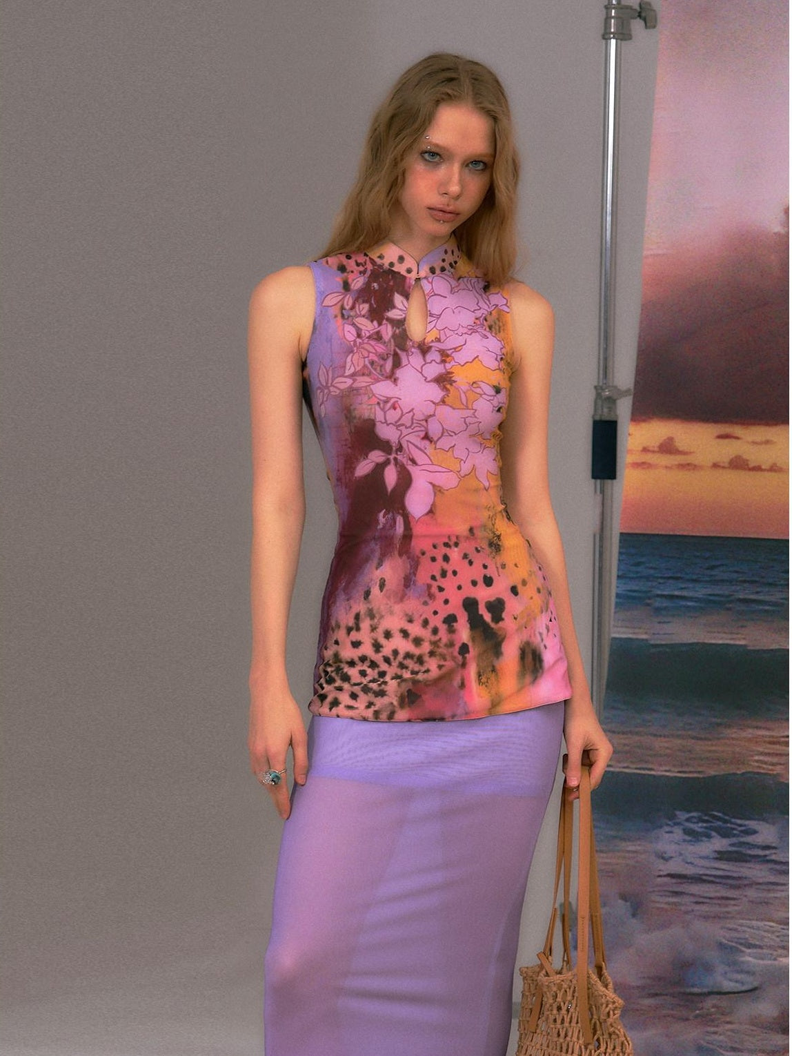 The NeverMore Colorblock High Waist Bodycon Street Sleeveless Women Purple Top &amp; Skirt Sets