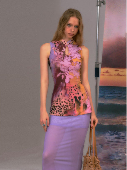 The NeverMore Colorblock High Waist Bodycon Street Sleeveless Women Purple Top &amp; Skirt Sets