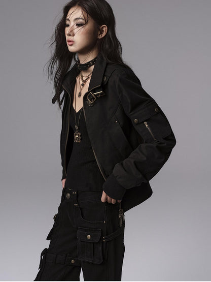 Low pixel Windproof Vintage Slim Metal Detail Women Cotton Lyocell Button Cropped Jackets