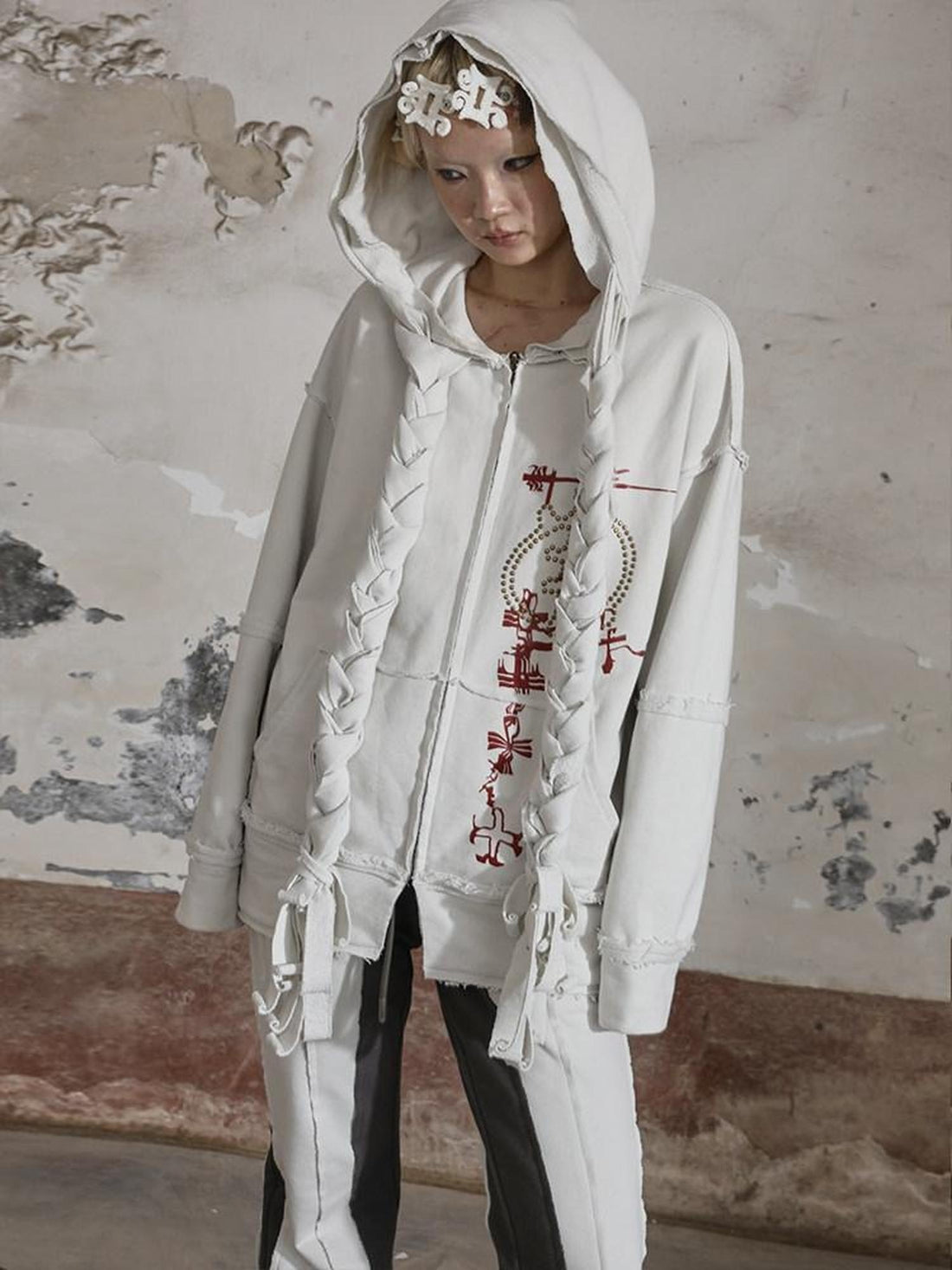 nit alcove Distressed Patch Fringe Loose Fit Lycra Cotton Unisex Vintage Zip Letter Hoodie