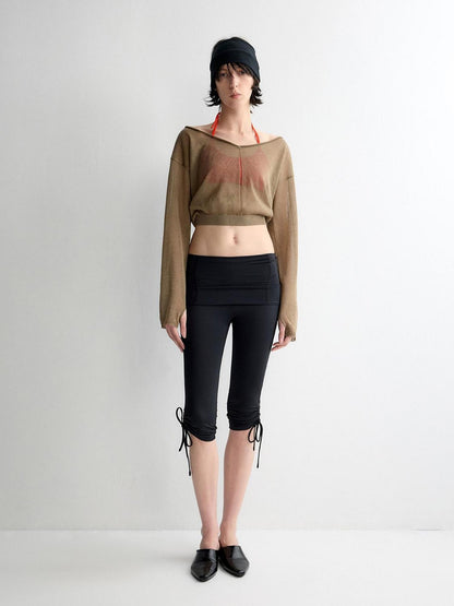 RUN TO THE FUTURE Lyocell Wool Blend Reversible Loose Cropped Boat Neck Knit Long Sleeve T-Shirts